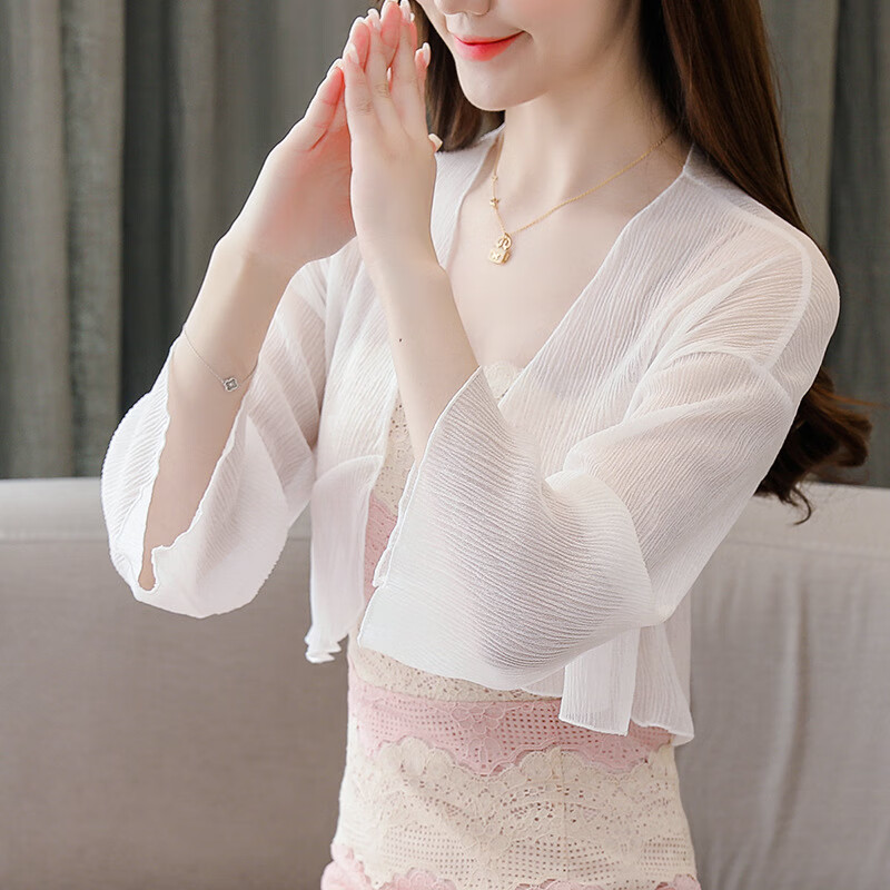 艾诗甜夏天穿的沙衣新款春夏季雪纺衫小披肩小坎肩开衫纱料外套短款