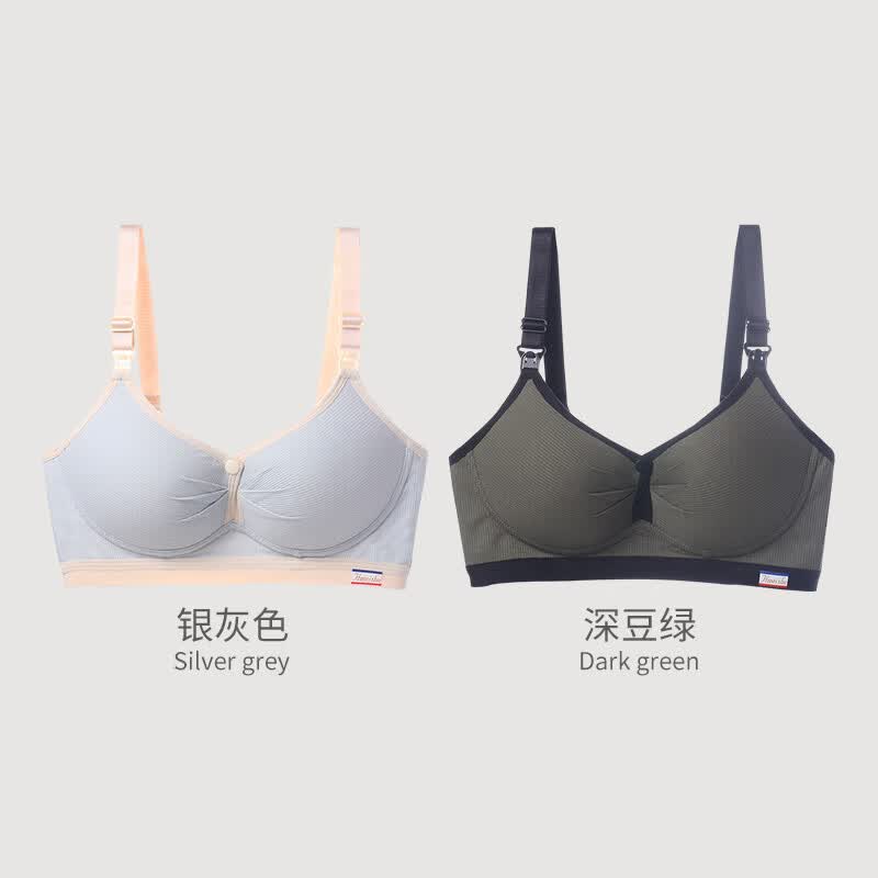ROVO双开扣哺乳文胸无钢圈孕妇内衣聚拢防止下垂喂奶怀孕期文胸罩 银灰色+深豆绿 36/80【BC杯通用】