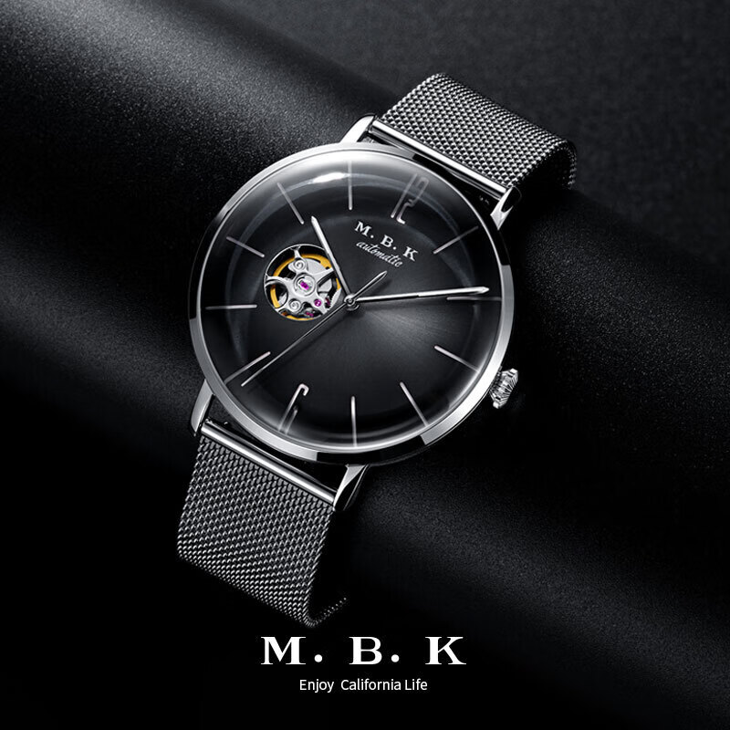 M.B.K美国品牌进口手表男士机械表镂空全自动3D弧面夜光防水潮流男腕表 米兰钢带/黑面/【进口机芯】