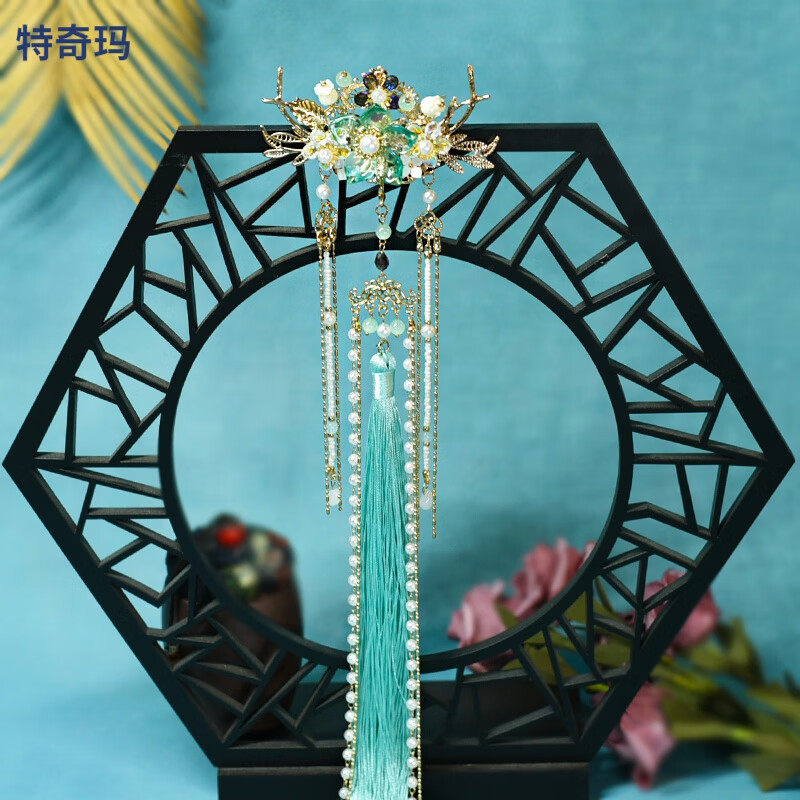 特奇玛汉服配饰品琉璃花朵流苏禁步环浅绿色古风后压配饰挂件宋风明制