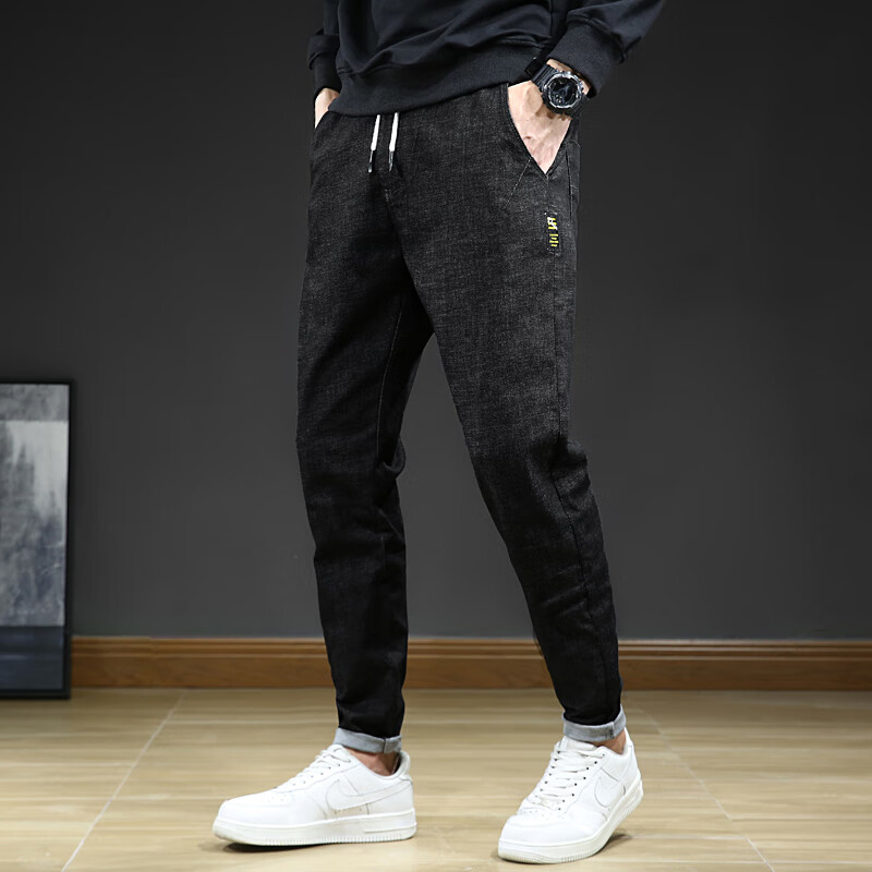 新品帅气哈伦裤男宽松牛仔裤百搭松紧腰系带牛仔长裤黑灰色弹力ins
