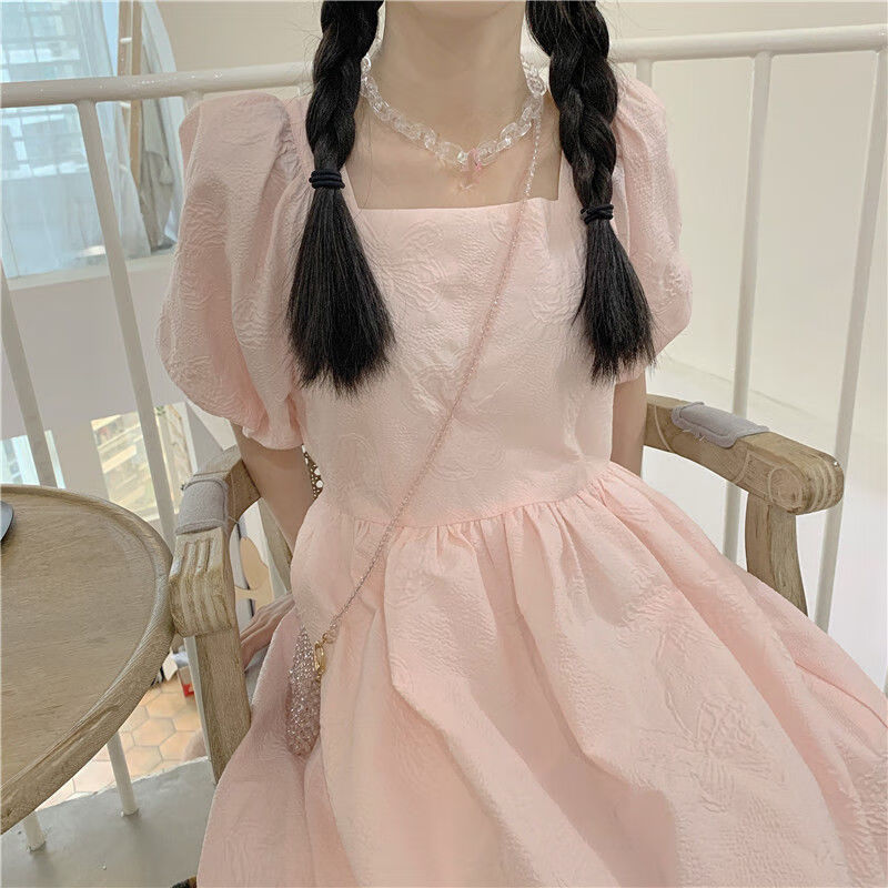 裙夏季简约学生u型领绑带蝴蝶结泡泡袖连衣裙公主裙宽松学生女 少女粉