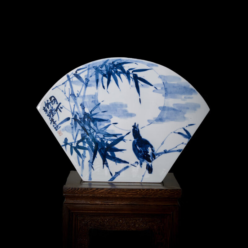 景德镇手工陶瓷书房摆件异形中式扇形青花瓷花鸟竹子大师手绘珍藏