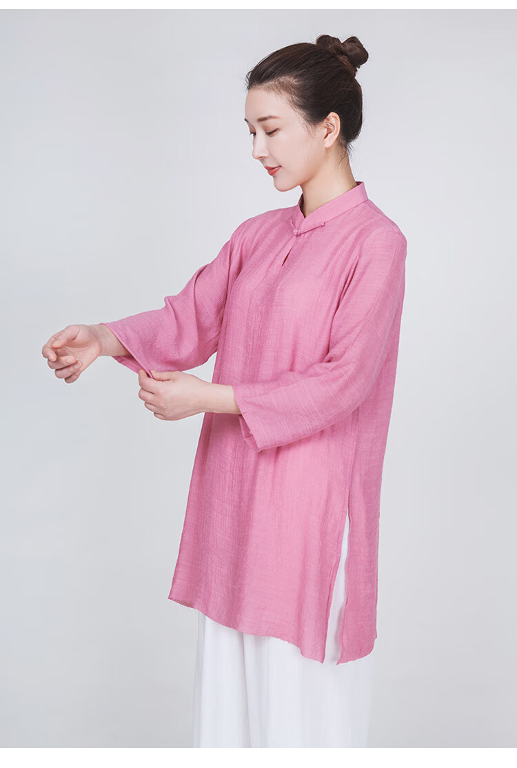 女装2023新款飘逸棉麻夏季太极拳练功服女夏天服装薄款 粉色单件上衣