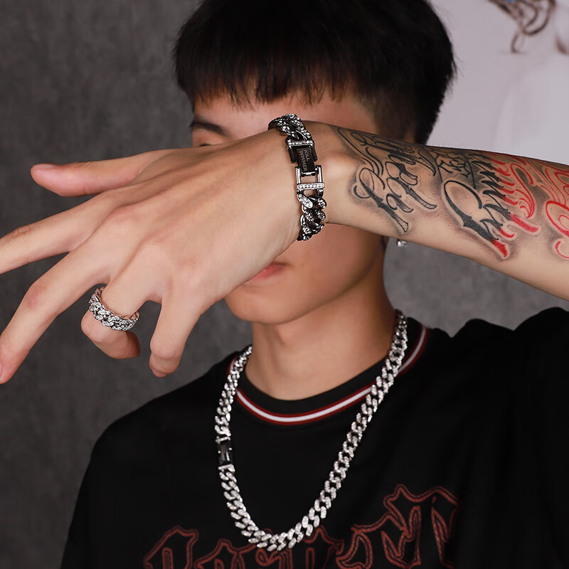 潮牌嘻哈美式hiphop男士手链男生饰品钛钢王嘉尔 银色手链16cm合金款