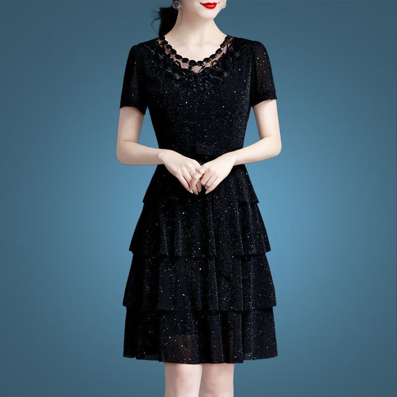 品牌夏季连衣裙2022新款夏装女中年女装黑色网纱蛋糕裙女 4108 S