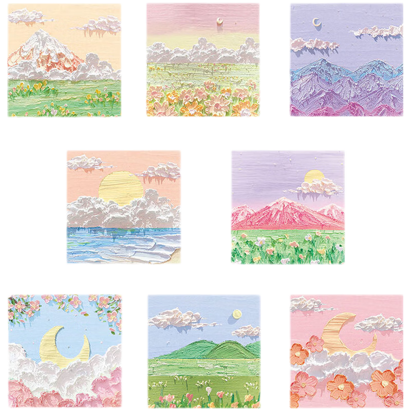 日美新 便利貼風(fēng)景油畫立體便簽貼高顏值手帳貼紙小本子ins風(fēng)鹽系簡約日系粘性強可愛少女心 全套款式【共8本640張】+2支中性筆 80張/本【8*8cm有粘性】