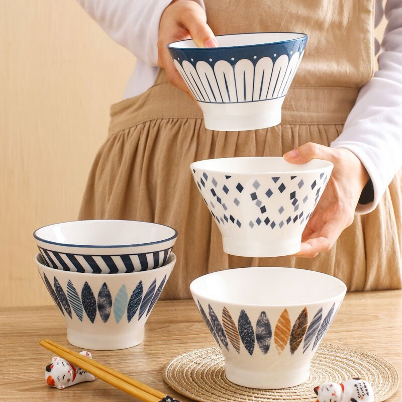 174374/燃野 日式青瑶5寸斗笠碗陶瓷饭碗个性创意高脚碗 款式随机 4只装