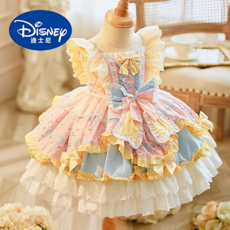迪士尼（Disney）女童洛丽塔新款公主裙宝宝周岁生日礼服儿童蓬蓬连衣裙洋气表演裙 522粉黄色 130