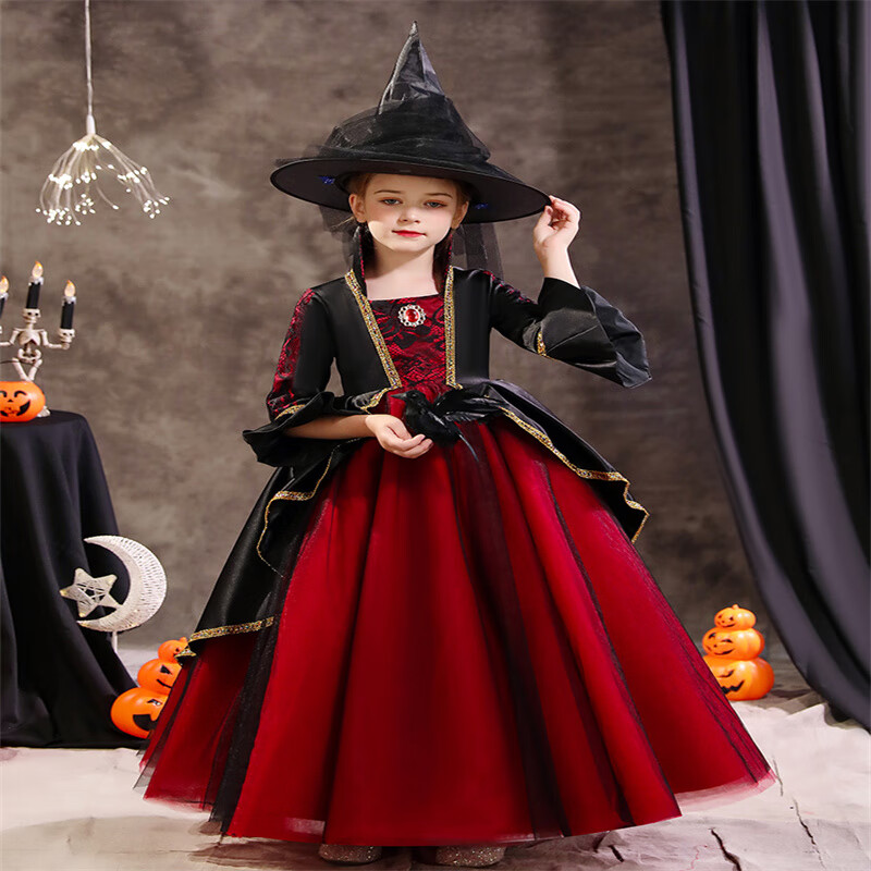 apfelbaum万圣节儿童服装女童cosplay衣服女巫吸血鬼服饰宝宝幼童公主裙小女孩化妆舞会礼服 酒红色【星星帽子+披风】 110属于什么档次？