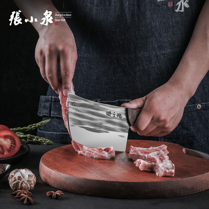 张小泉古法锻打系列不锈钢菜刀加厚圆头刀切菜刀胡桃木加固手柄切片刀 斩骨刀+切片刀组合