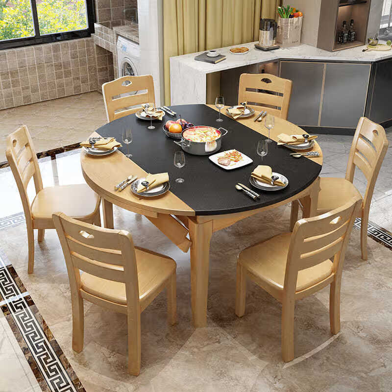 舒格亚火烧石餐桌全实木餐桌圆桌家用圆形可伸缩折叠饭桌北欧餐桌椅组合 1.2米单桌(不带电磁炉)