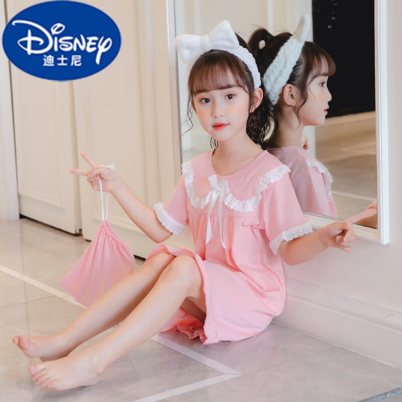 小学生睡裙女童睡衣女夏天花边薄款儿童睡衣女孩夏季纯·棉裙子 粉红