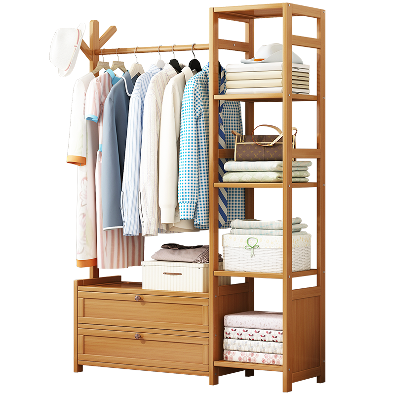 竹艺佳（ZHUYIJIA)家用衣帽架简易落地卧室挂包架网红衣架楠竹置物架现代衣服收纳架 茶色-组合款100-带门