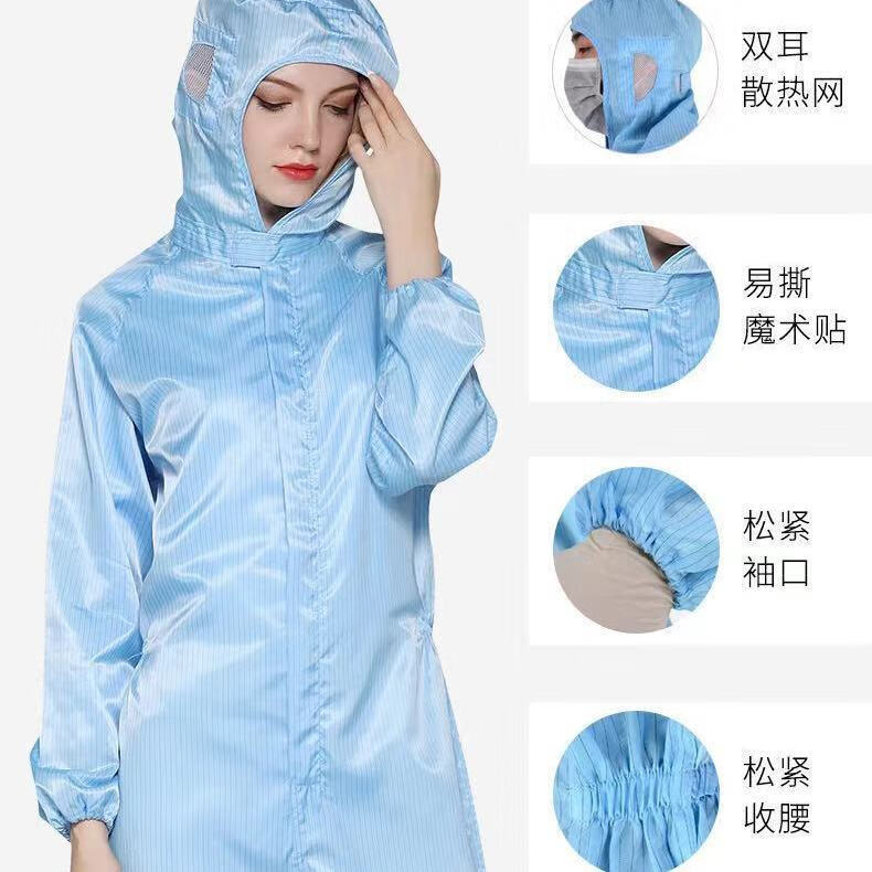 雷事兴无尘服防静电连体连帽喷漆防尘条纹白蓝色男女工作车间除静电衣服 藏青色连体服带口袋【不含鞋子】 5XL