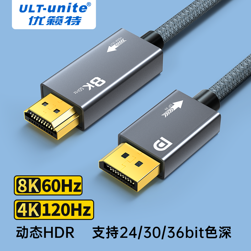 ULT-unite DP1.4转HDMI2.1转接线8K高清DisplayPort线144HZ转换器 2米【8K60HZ】DP转HDMI