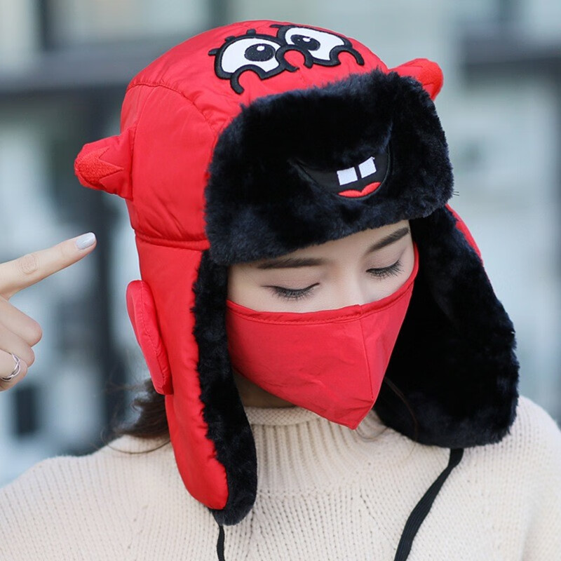 雷锋帽子女冬季保暖可爱学生帽海绵宝宝刺绣护耳滑雪帽 红色 均码