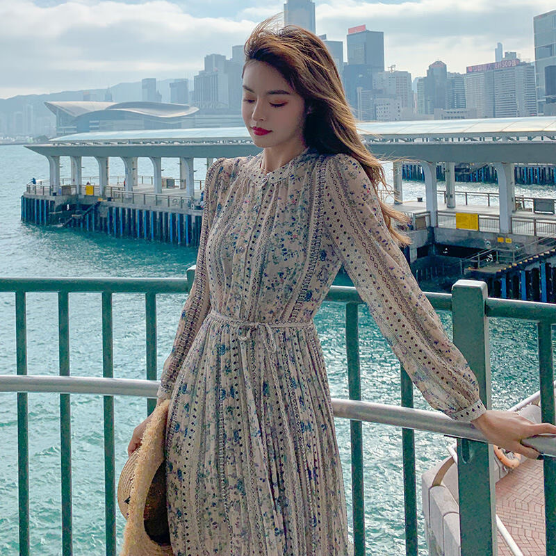 连衣裙夏季新款女长袖碎花雪纺收腰显瘦宫廷风长裙流行裙子潮 图片色