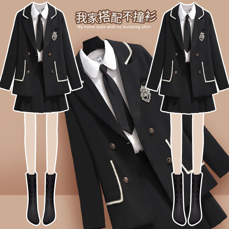 学院风西装套装女小个子黑色西装外套短裙jk衬衫西服套装早春秋2022新款小个子设计感小众 黑色三件套 M怎么样,好用不?