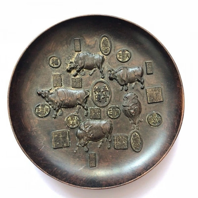 创京懿选新款 古玩真品老物件清乾隆五牛图盘子旧货摆盘回流古董收藏