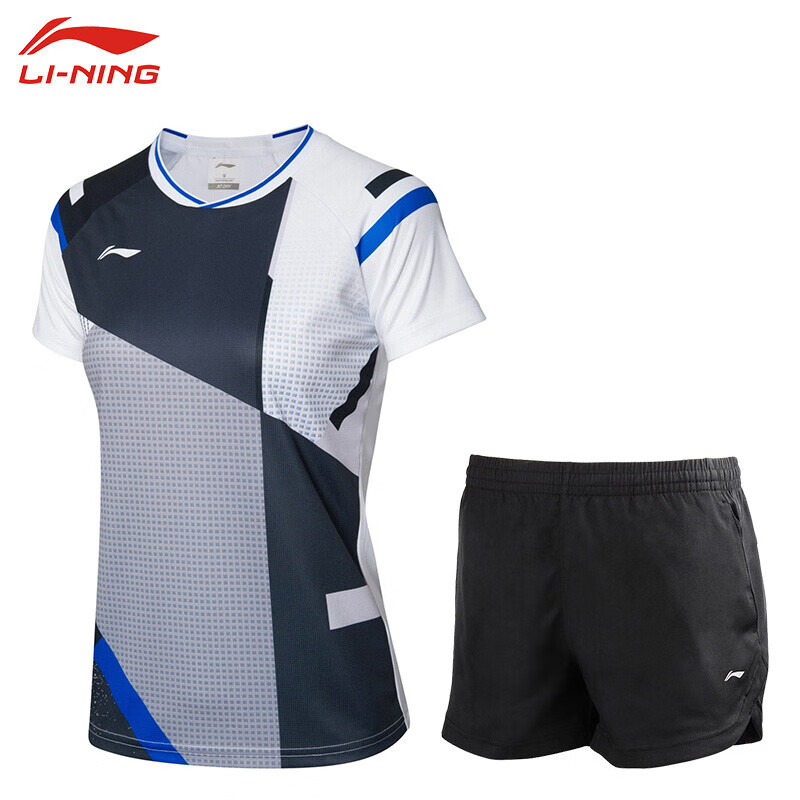 李宁（LI-NING）运动套装女款全英赛速干比赛羽毛球服AAYR012-1+短裤 标准白S码
