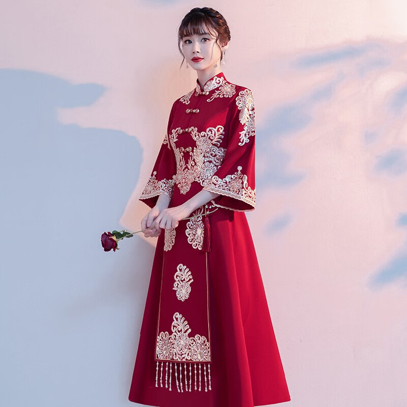 塞德勒敬酒服新娘2022新款春季小个子红色中式显瘦订婚裙结婚礼服女 酒红色 S (建议86-95斤)使用感如何?