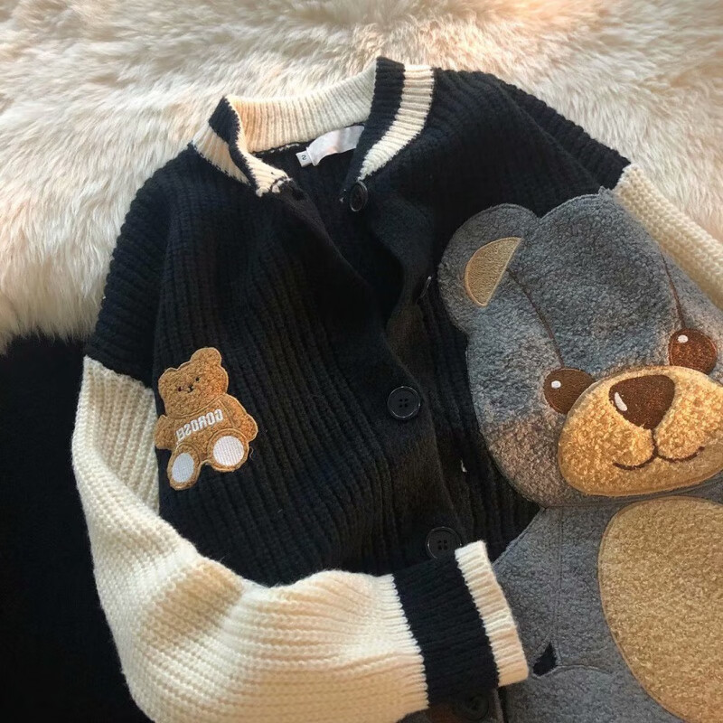 爱图荣古可爱刺绣开衫针织毛衣女秋冬季宽松学院风情侣装新款 黑色 m