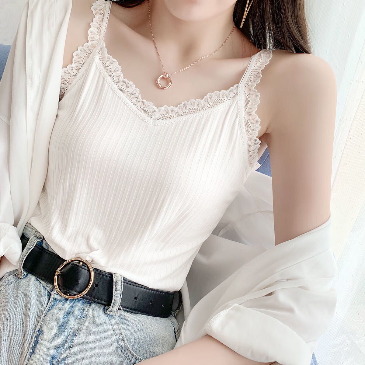 蕾丝缕空勾花棉吊带背心甜美韩范蕾丝边v领宽纹莫代尔吊带打底背心女