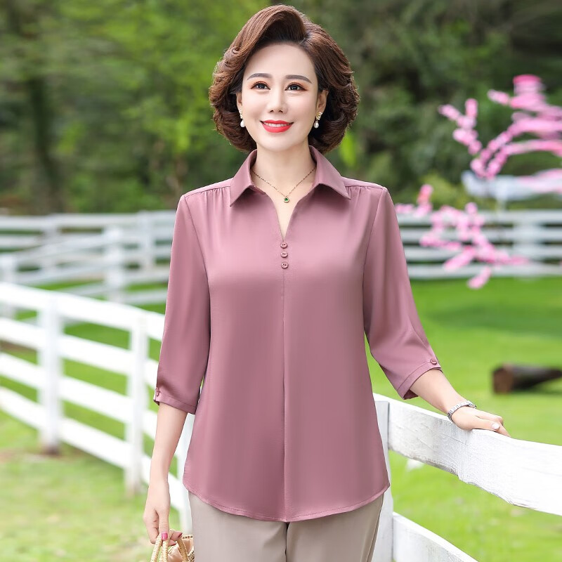 衬衫女半袖上衣妈妈装夏季衬衣50岁宽松衣服套装女 豆沙粉【单件】