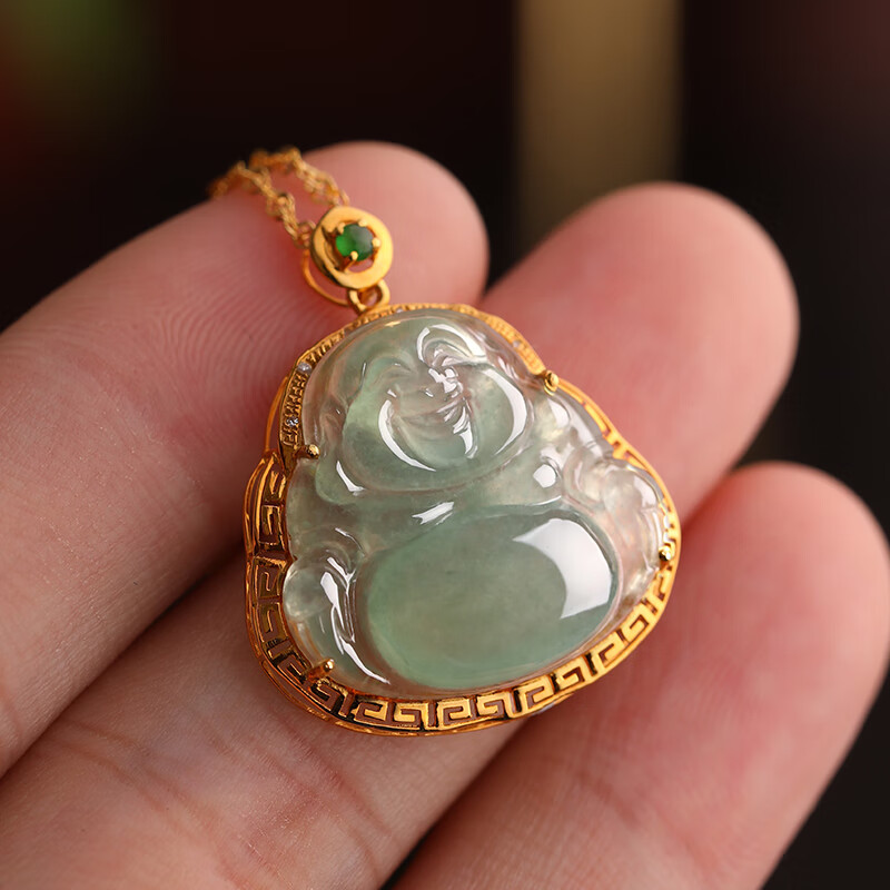 墨韵  翡翠吊坠女玉佛挂坠冰种晴底笑佛18k金镶玉坠弥勒佛 金镶【金色