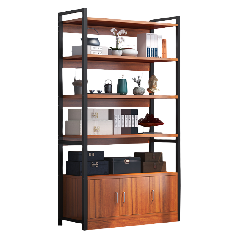 文成家 简易置物架落地文件置物架收纳架铁艺架客厅简易多层储物置物带柜超市货架 黄梨木色80-5层