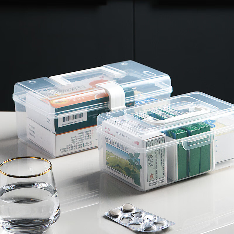 庭扬 便携式家用透明医药箱小药箱多功能手提收纳箱带分隔板收纳盒 白色 20*12.2*9cm