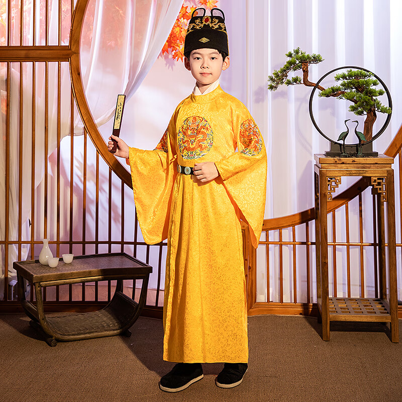 古代黃帝兒童古裝男龍袍漢服童宋朝明朝皇帝服裝太子服大明舞臺演出服影樓 明制皇帝金黃色(+折扇+鞋子) 含帽子 130