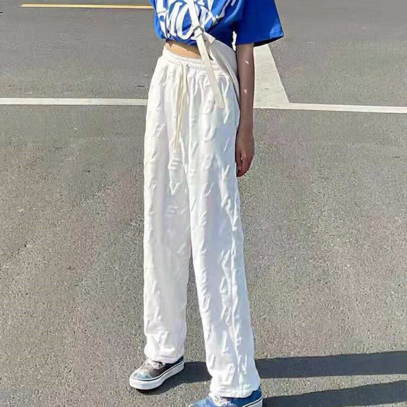 賢語發(fā)泡褲子女ins原宿風闊腿褲秋春季新款高街顯瘦直筒寬松休閑長褲 發(fā)泡褲-白色【高端面料】 S碼