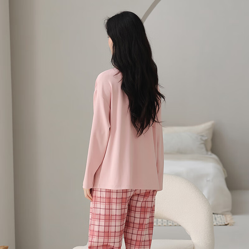芬腾睡衣女【100%纯棉】秋冬新款格纹可外穿长袖家居服套装女睡衣 粉色 XL