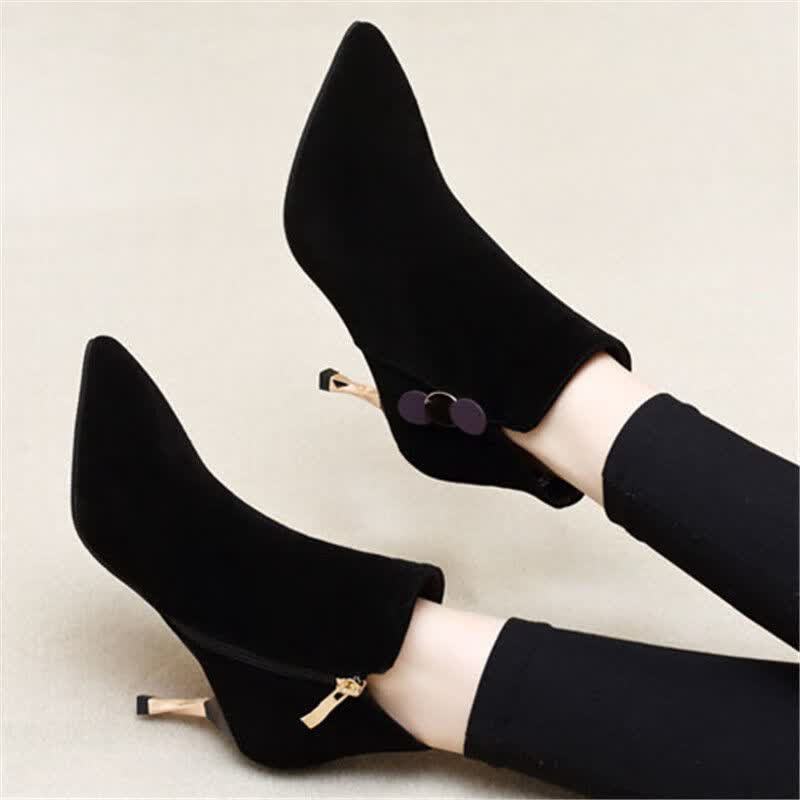 守图 冬天高跟加绒带毛保暖女士细跟低筒靴韩版短靴女绒面尖头单靴