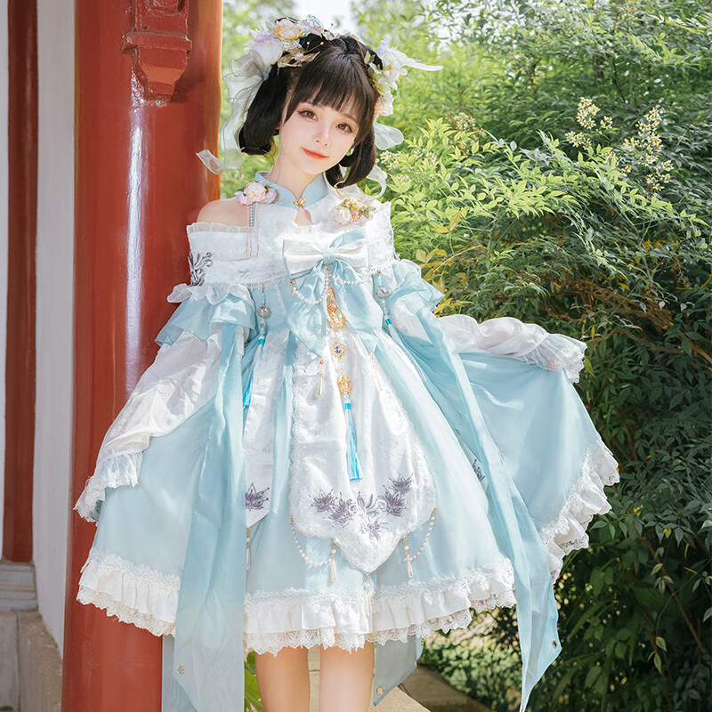 豹了个猫原创古风lolita鹿与昙花fs大全套吊带连衣裙 若草色 m洛丽塔