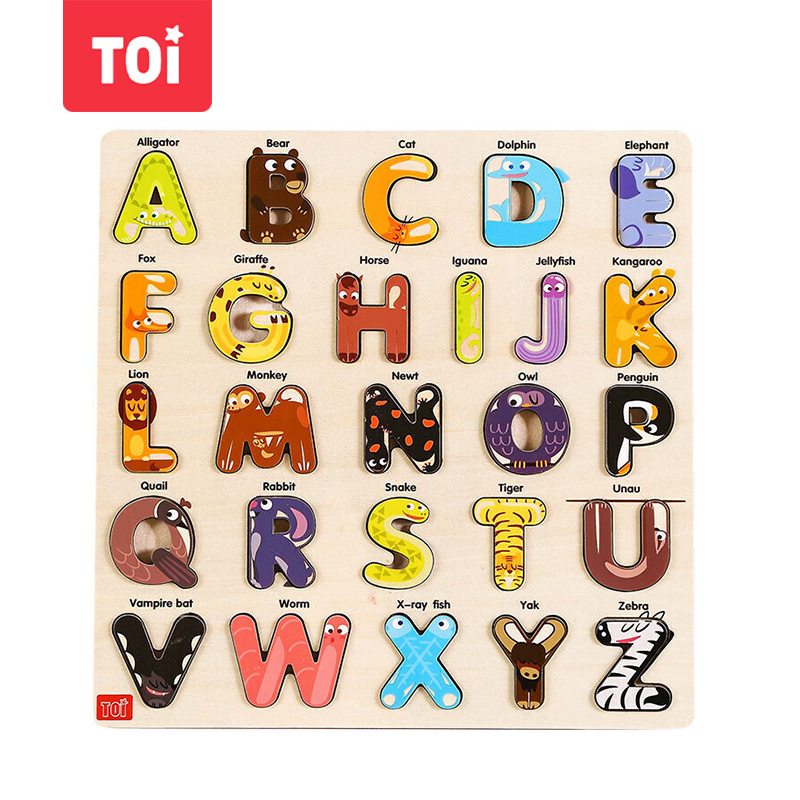 TOI木质认知拼图玩具2-3-4岁宝宝早教数字字母认知男孩玩具女孩生日礼物儿童木质拼板玩具 动物字母板