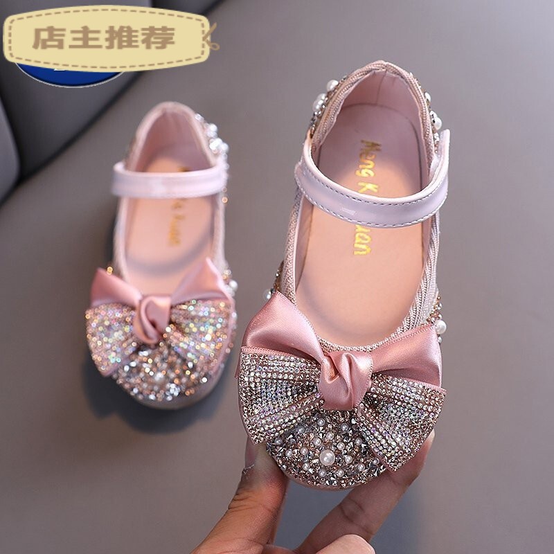 软底公主鞋2021春秋款小女孩宝宝单鞋蝴蝶结水钻小皮鞋 粉色(d2088新)