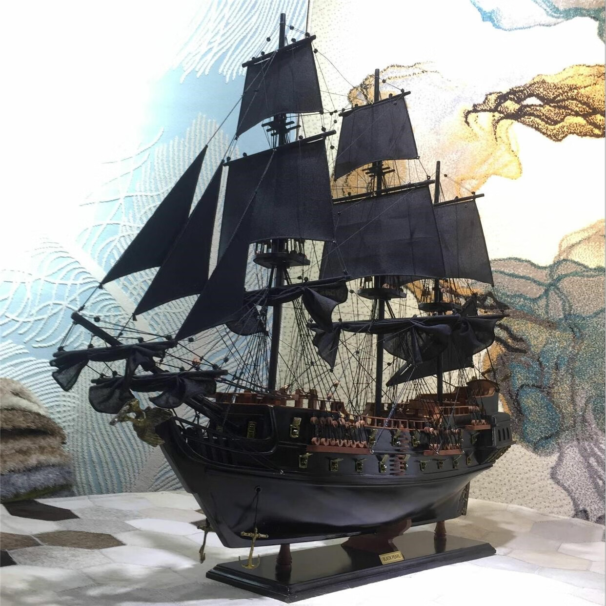 飘窗黑珍珠海盗船摆件 黑珍珠号加勒比海盗船模型工艺船仿真木船实木