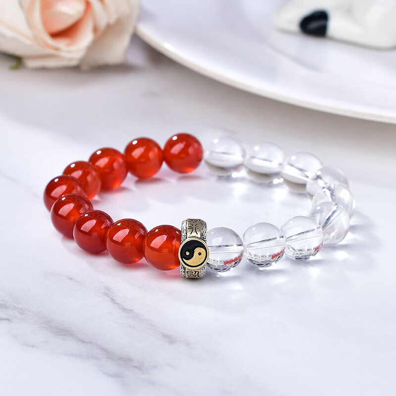 念夏道家饰品九字真言黑水晶手链s925银转运珠混元珠八卦手串男款 红