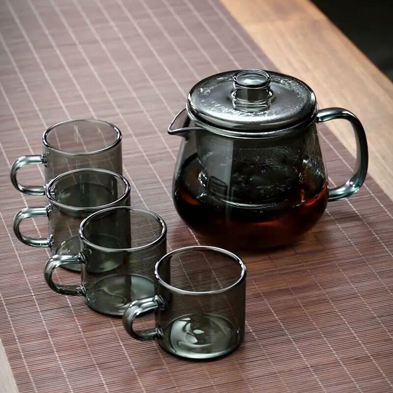 全度玻璃茶壶家用冲茶器加厚耐热花茶壶过滤泡茶壶茶水分离杯企鹅壶 灰色企鹅壶+四个烟灰色小把杯