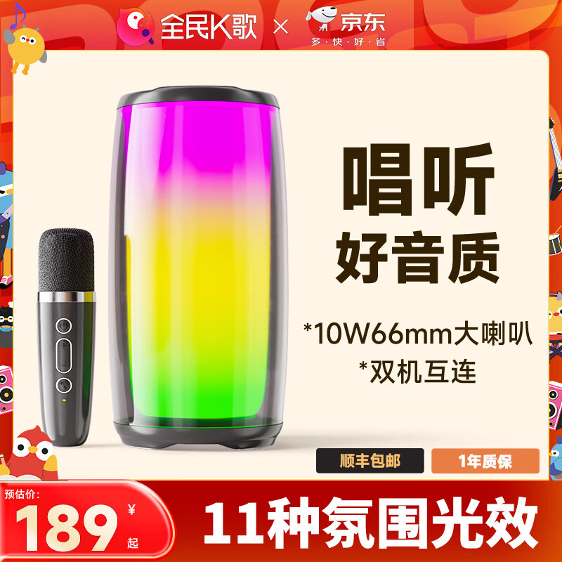 全民K歌 MZ21 蓝牙音箱麦克风套装直播电视K歌手机无线蓝牙k歌家庭ktv唱歌神器大音量话筒音响 午夜黑
