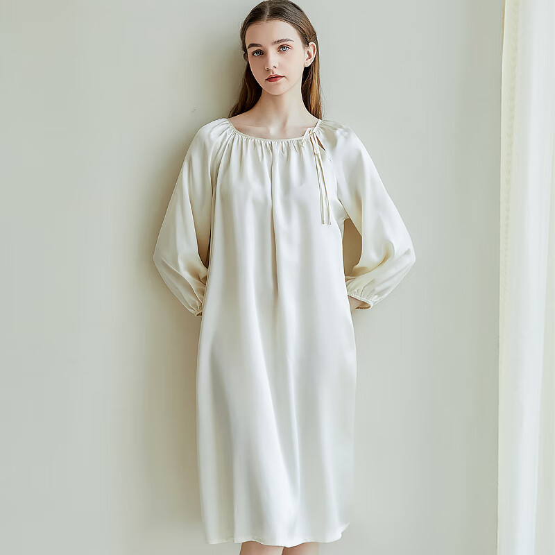 江南故事真丝睡裙女圆领系带桑蚕丝家居服外穿连衣裙过膝睡衣女新年礼物 米色 XL