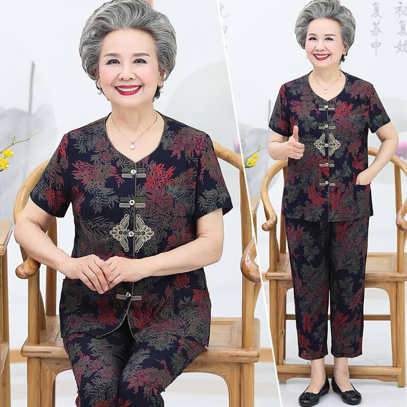 纤晟伊老太太家居衣服两件套装奶奶夏季短袖棉绸开衫70岁妈妈中老年人