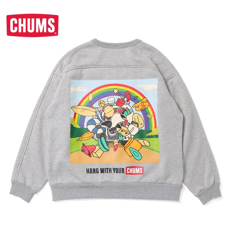 CHUMS洽洽鸟 美式复古情侣款圆领印花宽松加绒保暖卫衣CH00-1355 白色W001 XS