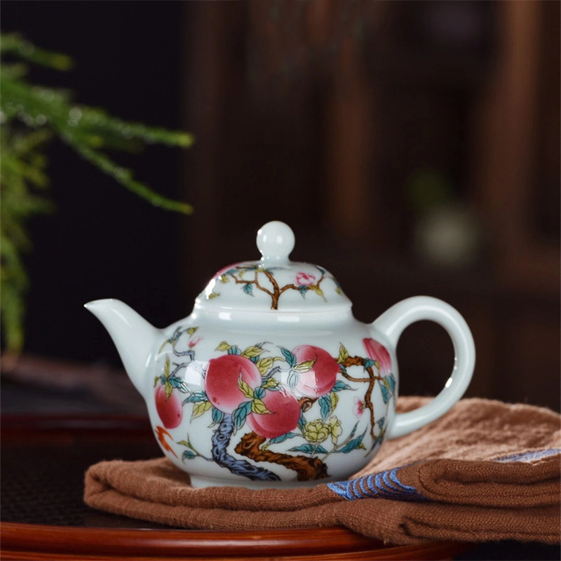 瑾邵景德镇陶瓷家用粉彩九桃茶壶寿桃泡茶壶功夫茶具珐琅彩单茶壶