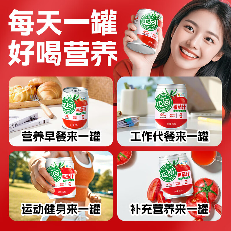 屯河100%番茄汁纯果蔬汁不添加白砂糖西红柿汁代餐饮料轻食营养 250mL*6罐