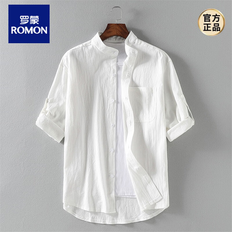 罗蒙（ROMON）短袖衬衫男士夏季薄款中国风亚麻休闲衬衣宽松大码潮牌棉麻白衬衫 白色 XL