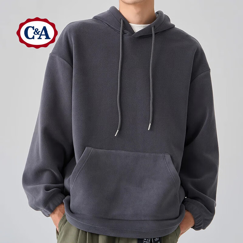 C&A连帽卫衣男双面奥粒绒2024新款美式潮牌灰色高级感慵懒风百搭卫衣 深灰 180/XL